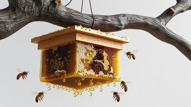 Hyper-realistic 3D rendering of beehive hanging from tree branch. Detailed honeycomb structure and rough bark. Isolated white background. Honeybees near the honeycomb at natural environment.