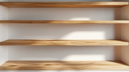  Empty wooden shelf. Blank shelves against white background. Natural wood texture, isolated. Interior design element for storage. Space for display, goods, products.