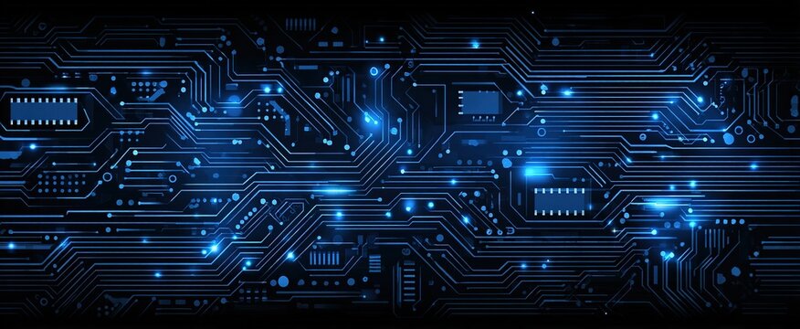 Abstract Circuit Board Design With Blue Glowing Lines