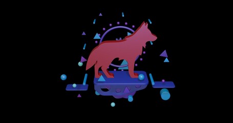 Poster - Red wolf symbol on a pedestal of abstract geometric shapes floating in the air. Abstract concept art with flying shapes in the center. 3d illustration on black background