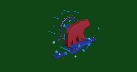 Poster - Red bear icon on a pedestal of abstract geometric shapes floating in the air. Abstract concept art with flying shapes in the center. 3d illustration on green background