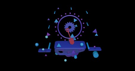 Poster - Red shovel symbol on a pedestal of abstract geometric shapes floating in the air. Abstract concept art with flying shapes in the center. 3d illustration on black background
