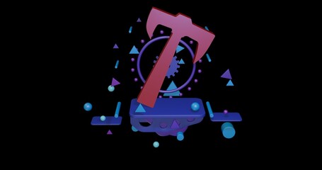 Poster - Red axe symbol on a pedestal of abstract geometric shapes floating in the air. Abstract concept art with flying shapes in the center. 3d illustration on black background
