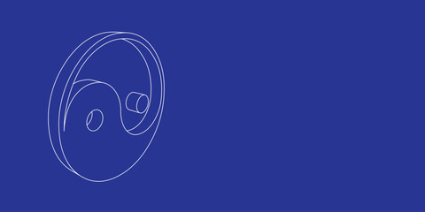 Poster - the outline of a large yin yang symbol made of white lines on the left. 3d view of the object in per