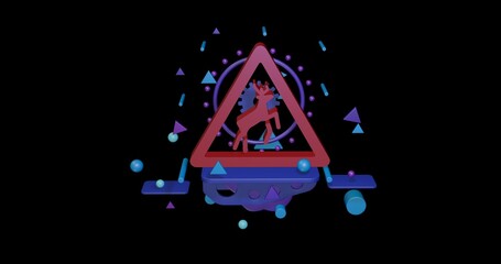 Poster - Red wild animals road sign on a pedestal of abstract geometric shapes floating in the air. Abstract concept art with flying shapes in the center. 3d illustration on black background