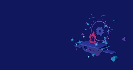 Poster - Pink bonfire symbol on a pedestal of abstract geometric shapes floating in the air. Abstract concept art with flying shapes on the right. 3d illustration on indigo background
