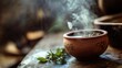 © ThisDesign - Spiced tea in a clay cup, steam and herbs visible, blurred rustic kitchen background generative ai