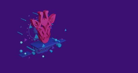 Poster - Pink giraffe head symbol on a pedestal of abstract geometric shapes floating in the air. Abstract concept art with flying shapes on the left. 3d illustration on deep purple background