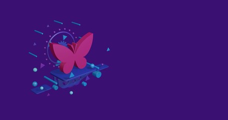 Poster - Pink butterfly symbol on a pedestal of abstract geometric shapes floating in the air. Abstract concept art with flying shapes on the left. 3d illustration on deep purple background