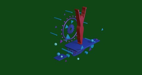 Poster - Red woman stretches symbol on a pedestal of abstract geometric shapes floating in the air. Abstract concept art with flying shapes in the center. 3d illustration on green background