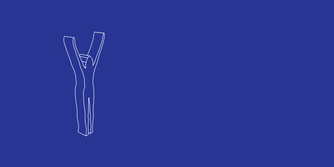 Poster - The outline of a large woman stretches symbol made of white lines on the left. 3D view of the object in perspective. Vector illustration on indigo background