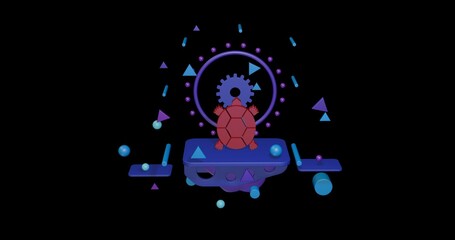 Poster - Red turtle symbol on a pedestal of abstract geometric shapes floating in the air. Abstract concept art with flying shapes in the center. 3d illustration on black background