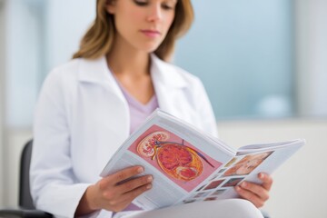 Poster - Patient Engages With Educational Brochure on Kidney Health in a Healthcare Setting Discussing Wellness and Treatment Options