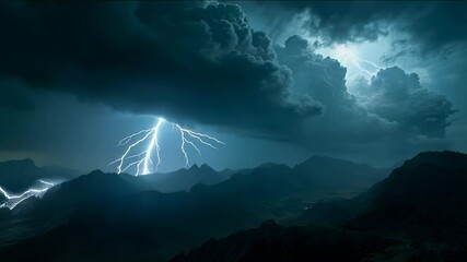 Wall Mural - lightning storm over mountain range at night