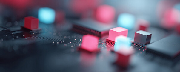 Poster - Abstract tech detail with cubes  circuit board elements. Represents innovation, data processing,  artificial intelligence. Use for technology concepts.