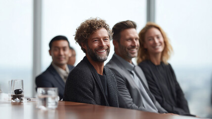 Poster - Diverse group of professionals smiling at a meeting. Represents success, collaboration, and leadership. Perfect for corporate, business, or teamwork themes.