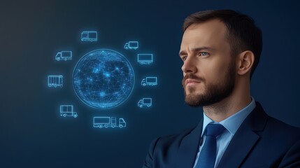 Poster - Businessman Contemplating Global Logistics and Transportation Network in Digital Interface with Trucks
