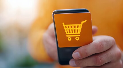 Poster - Person Holding Smartphone with Shopping Cart Icon for Online Purchase in Bright Outdoor Setting