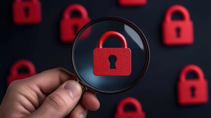 Poster - Magnifying Glass Highlighting Red Lock with Multiple Locks in Background Representing Security and Protection Concept