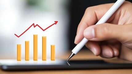 Poster - hand holding pen with business graph and rising indicator on digital tablet in professional setting