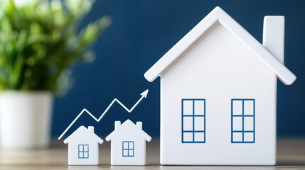 Poster - Conceptual Image of Home Growth with Miniature House Models and an Upward Trend Arrow on a Wooden Surface