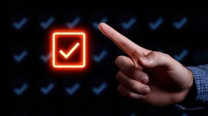 Poster - Hand Touching Neon Check Mark Icon Against Dark Background in Concept of Approval and Confirmation Process