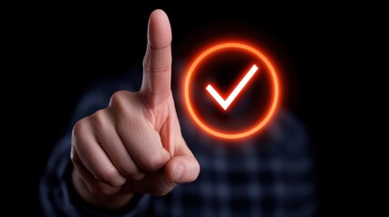 Poster - Hand Gesture Indicating Approval with Neon Check Mark Against Dark Background in Stock Photo