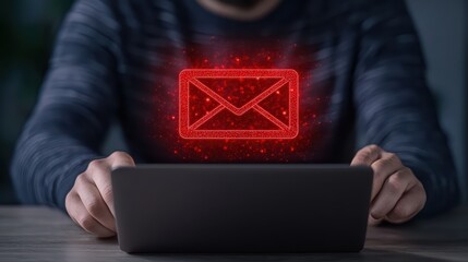 Poster - Person Using Laptop to Send Digital Email with Red Glowing Envelope Illustration Symbolizing Communication