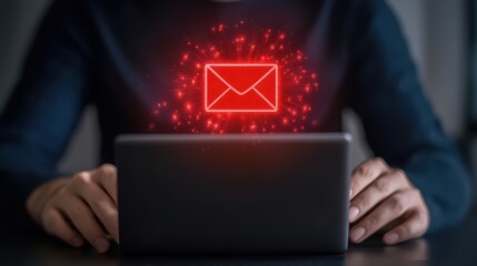 Poster - Modern technology concept with email notification symbol over laptop in dark environment