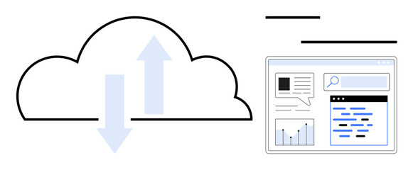 Poster - cloud with up and down arrows beside a web interface displaying graphs, text, and search bar. ideal 