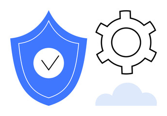 Poster - blue shield with checkmark, black gear outline, and light blue cloud represent protection, cybersecu