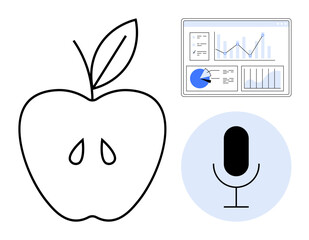 Poster - apple icon alongside analytics dashboard and microphone highlights health, data analysis, and audio 