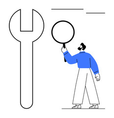 Poster - person holding magnifying glass near a large wrench outline, symbolizing analysis, repair, and probl