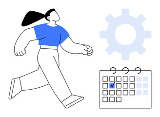 Poster - woman in motion, blue calendar with a checkmark, and gear. ideal for concepts thumbs up productivity
