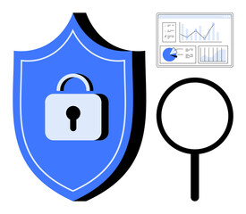 Poster - shield with lock symbol for security, magnifying glass for investigation, analytics dashboard for in