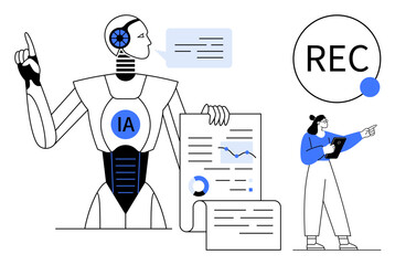 Poster - robot with ai tag shares data charts, recording symbol, professional holding tablet, indicating busi