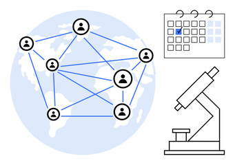 Poster - people interconnected globally on a map, a microscope symbolizing research, and a marked calendar fo