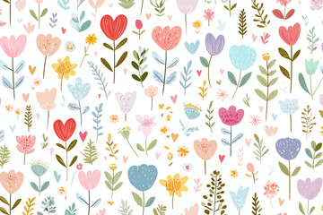 Wall Mural - delicate floral seamless pattern � hand-drawn spring flowers and hearts for baby fabric and wallpape