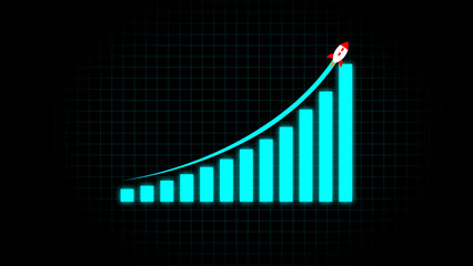 Poster - Upward bar graph with rocket launching illustrating growth and success concepts on a black background in futuristic style