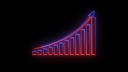 Poster - Neon style visual presentation of a business financial growth chart featuring rising bar graph with a rocket symbol and curved upwards trajectory to indicate success