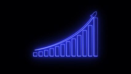 Poster - Glowing neon business graph with a rocket showing financial growth and success reaching new heights against a black background.