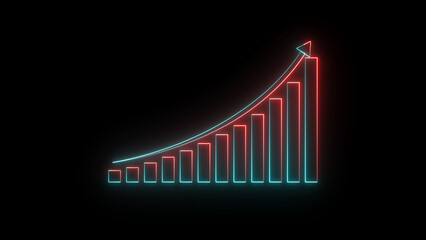 Poster - Neon glowing rising business graph showing increasing financial growth progress and development concept against a dark black background