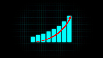 Poster - Rising bar graph depicting financial growth on a black background with a grid pattern, indicating a positive trend and business success