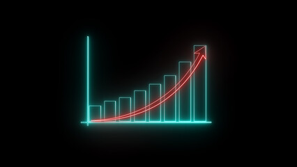 Poster - Neon chart showing growth with an upward arrow on a black background representing positive trends and business success