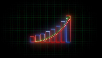 Poster - Glowing neon financial bar graph with an upward pointing arrow represents successful business growth and positive financial data visualization on a grid background