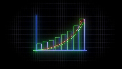 Poster - Neon glowing bar chart and trendline illustrating upward growth in financial markets or data analysis with a vibrant and futuristic aesthetic on a dark background.