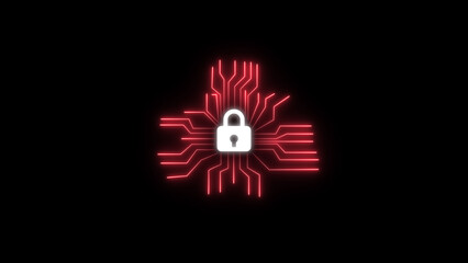Poster - Digital cybersecurity concept represented by glowing circuit board and lock illustrating data encryption and network protection on black background