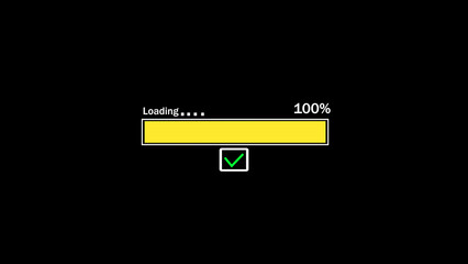 Fototapete - Progress bar animation illustrating 100 percent loading completion on a dark background with a yellow progress indicator and a green check mark icon achieving digital success.