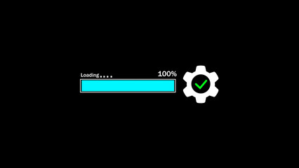 Fototapete - Progress bar indicating completion with a green check mark inside a gearwheel on a black background represents success and technology