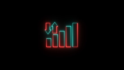 Poster - Neon light financial growth and decline illustration on black background representing market fluctuations and data analysis visualization